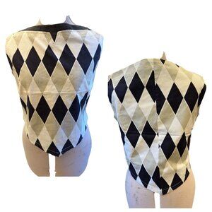 Vintage Argyle Sleeveless Top Imported Fabric Preshrunk, Black, Tan, White Sz 14